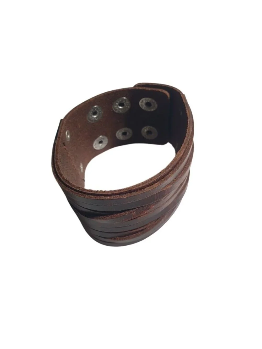 Wide Brown Leather Cuff Bracelet Adjustable Snap Closure Woven Straps Wristband
